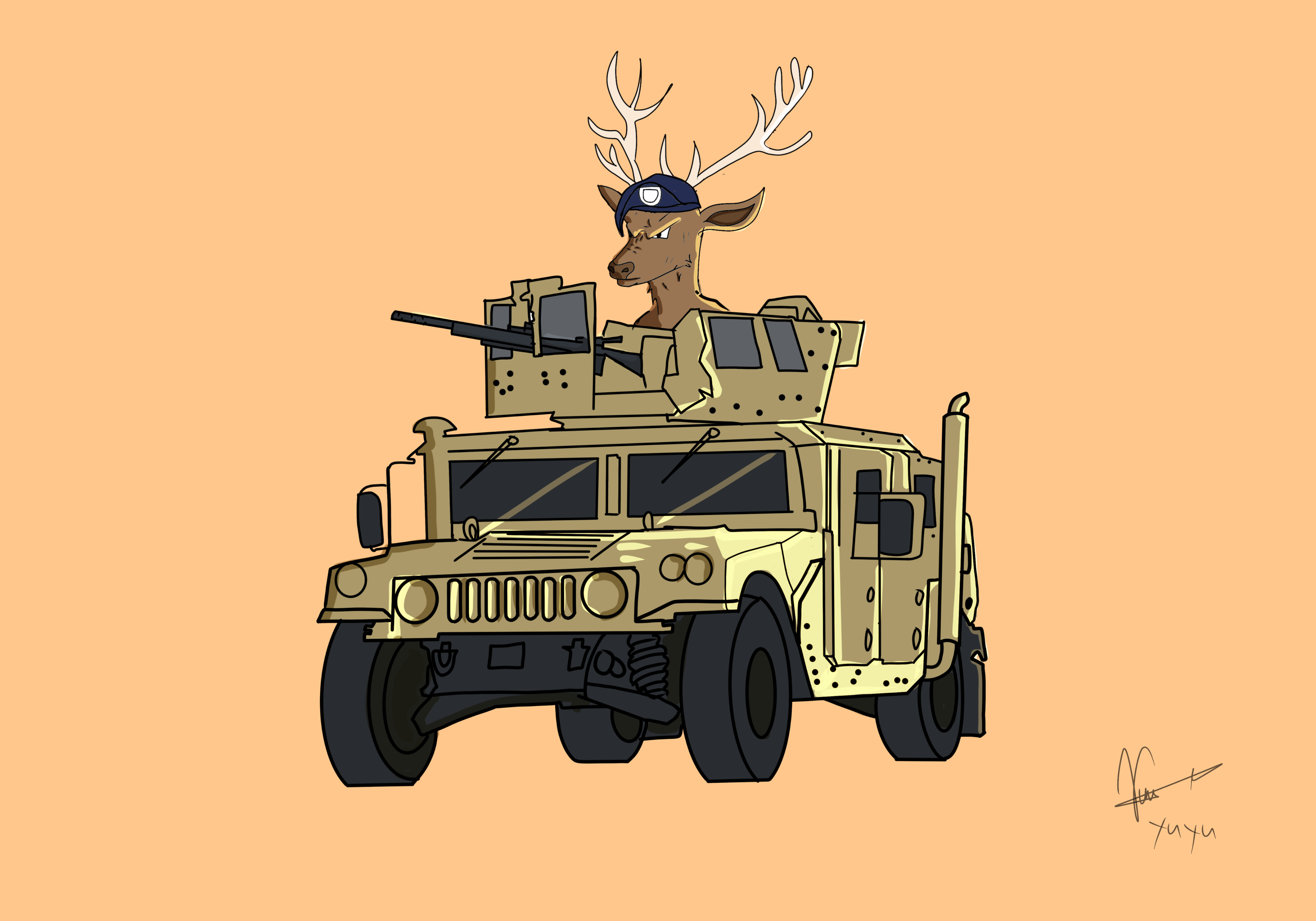Millitary deer on the car. illustration for clients